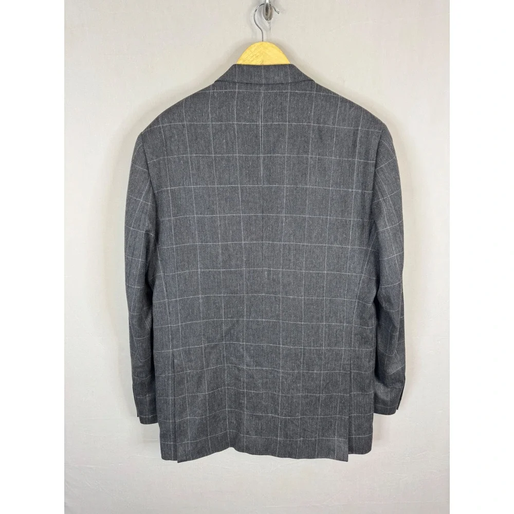 Alfred Sung Mens Grey Windowpane Wool‎ Silk Linen Blend Blazer Jacket 44 X-Long